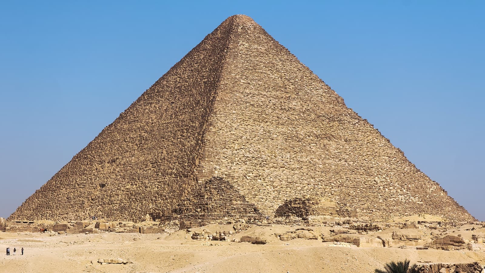 The Great Pyramid of Giza against a clear blue sky