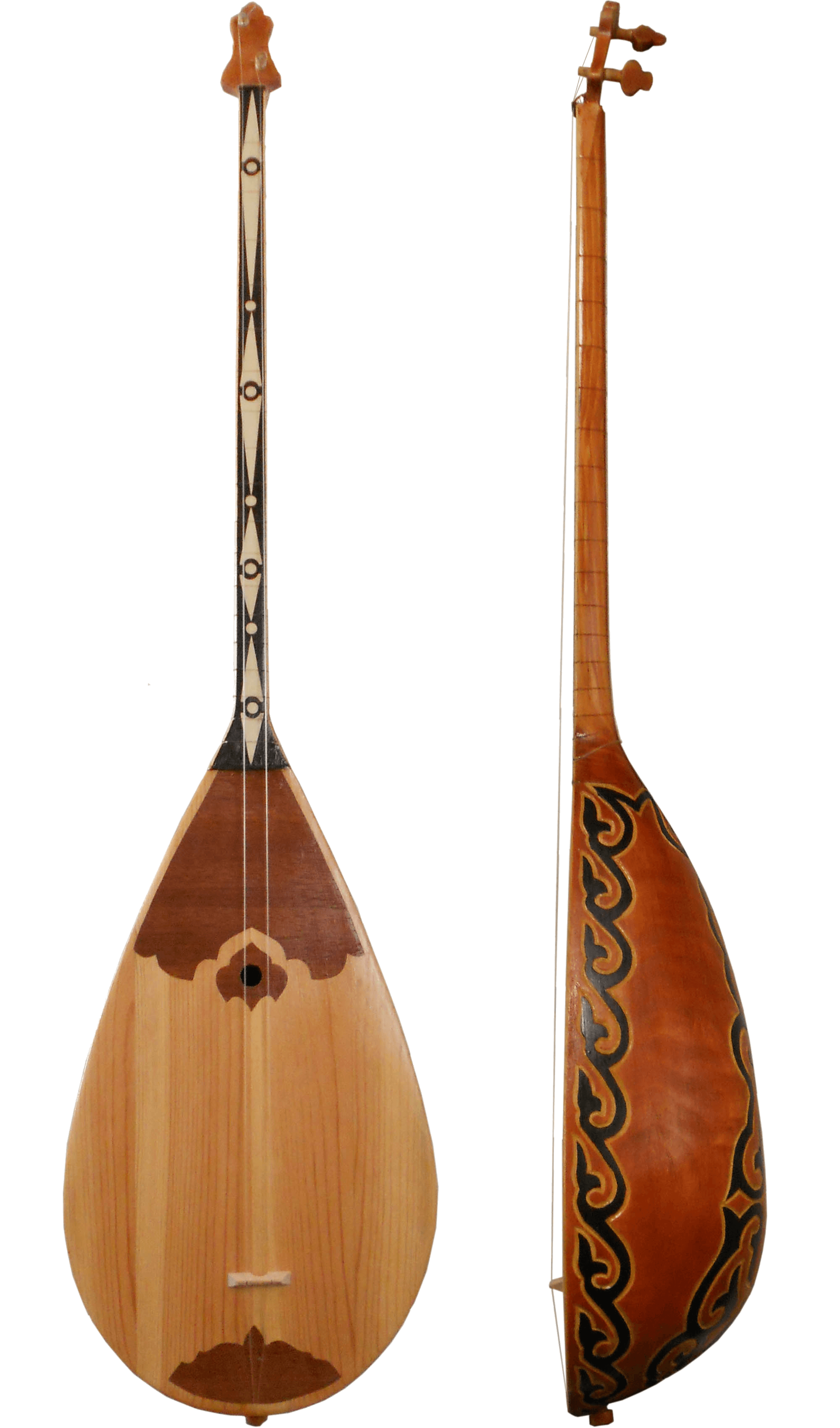 A wooden dombra with two strings resting against a colourful Kazakh felt carpet