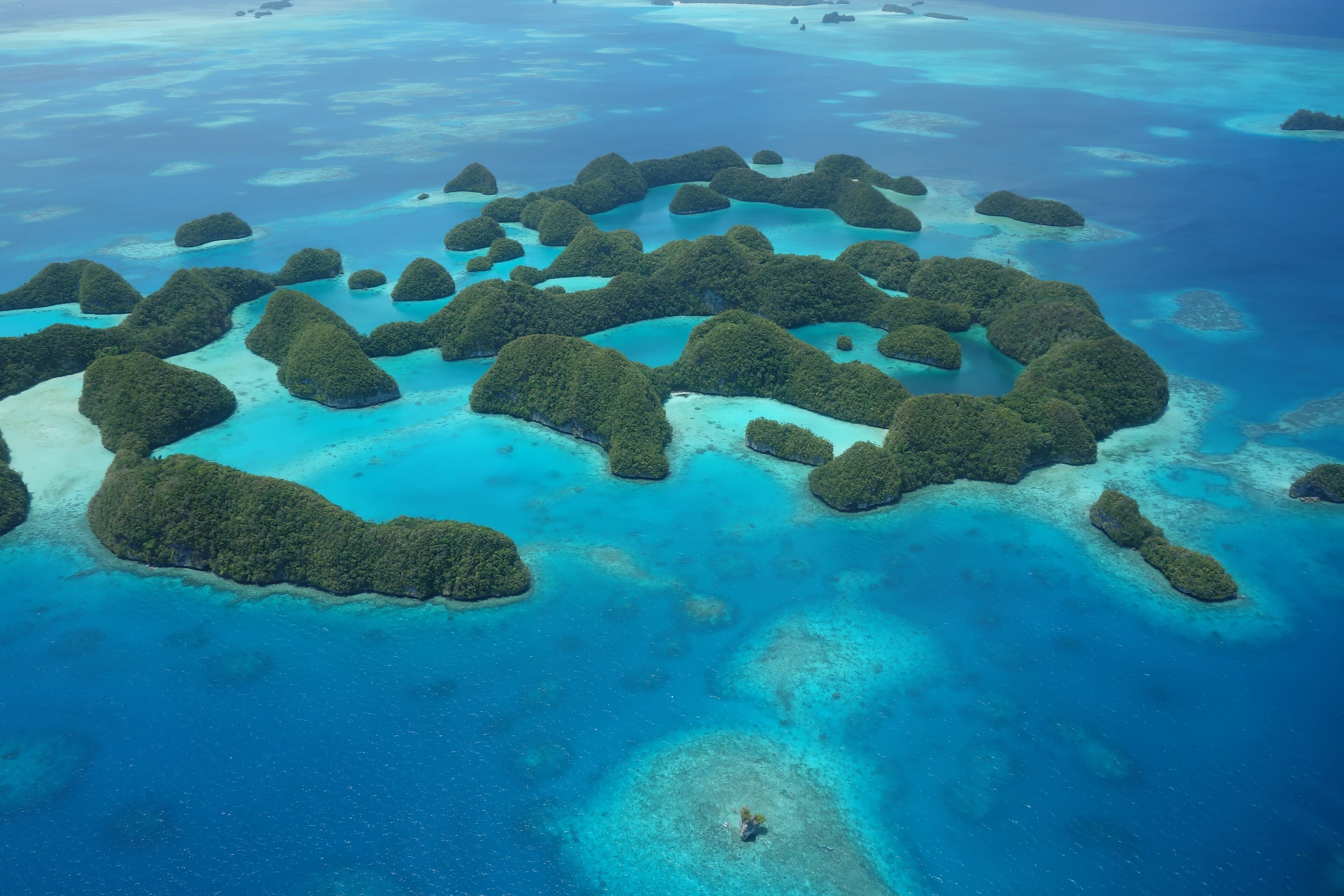 Aerial view of the Rock Islands - round green limestone islands surrounded by brilliant turquoise water